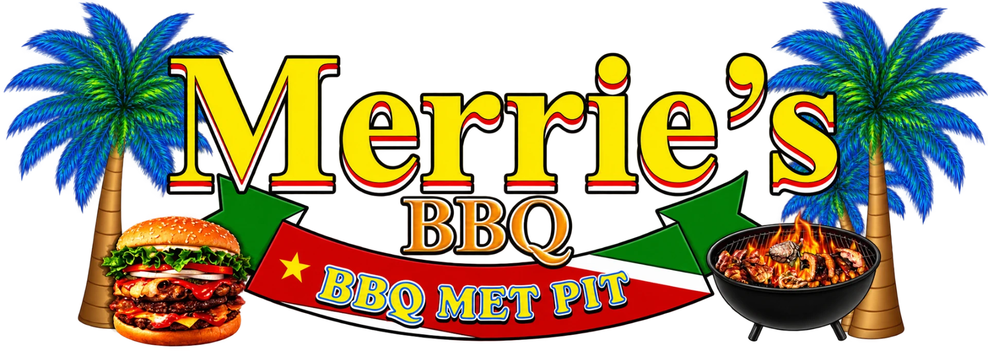 Merrie's BBQ logo met blauwe palmbomen, burger en grill