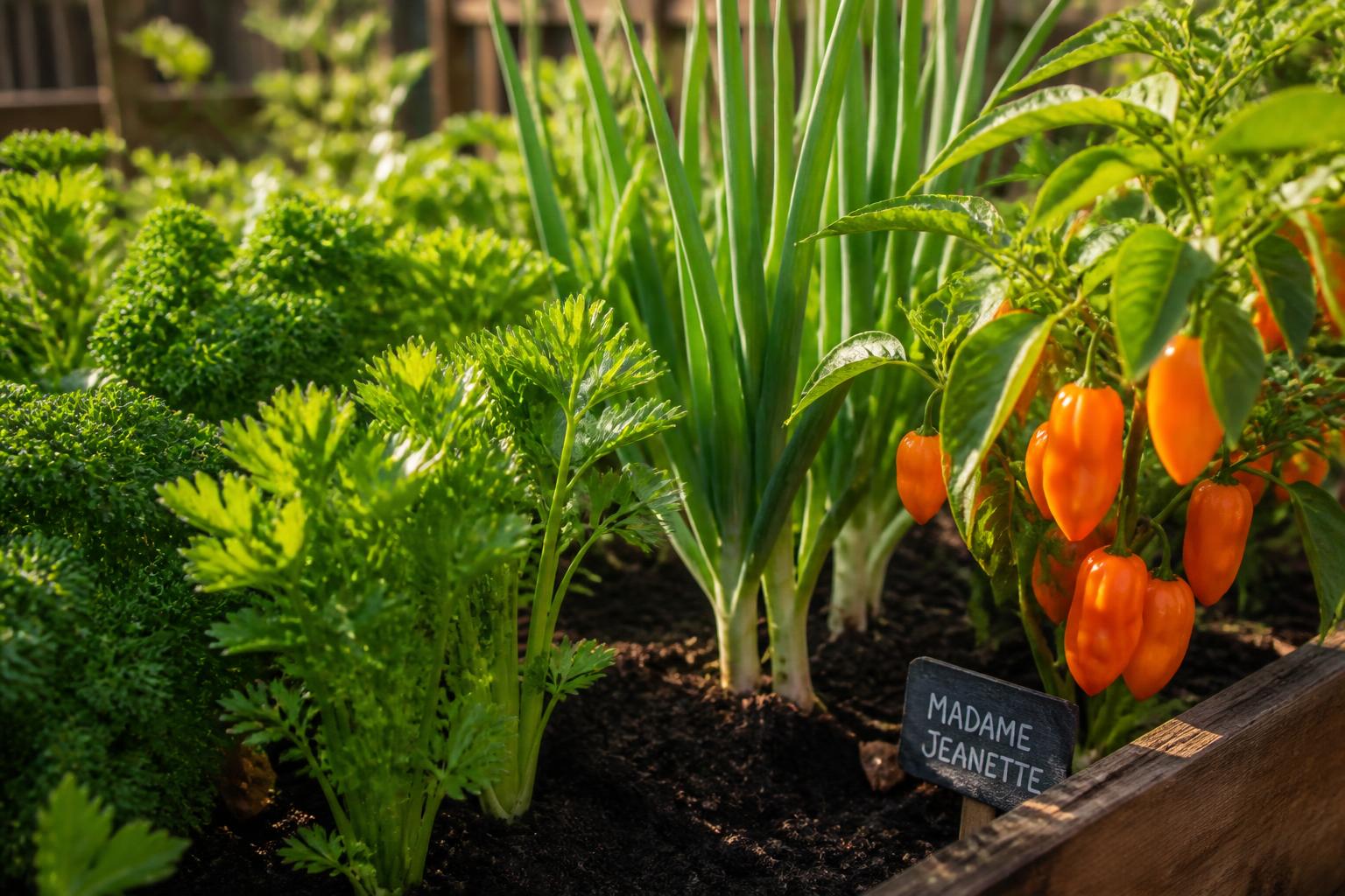 Verse kruiden en Madame Jeanette pepers in Merrie's eigen moestuin